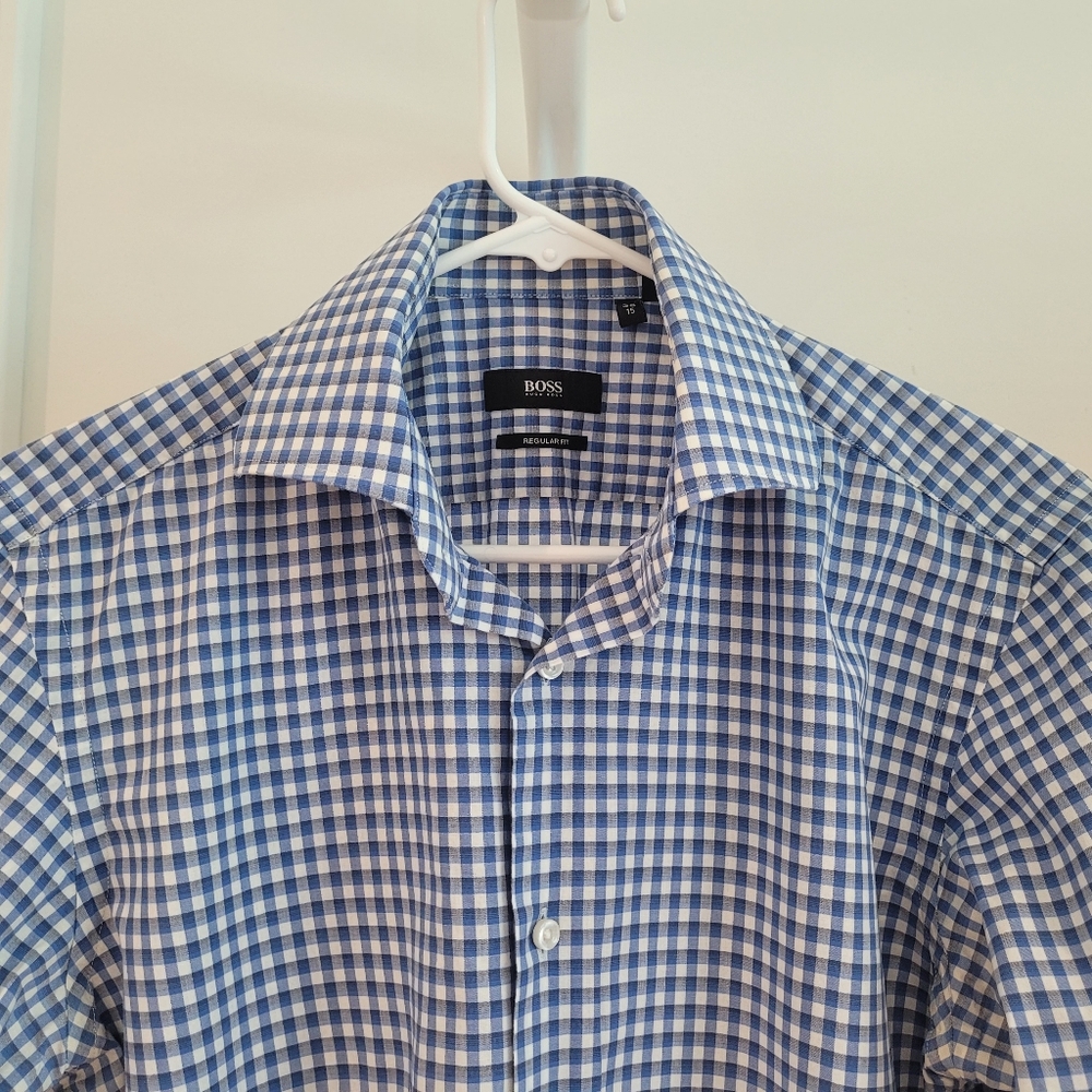 Boss Blue and White Gingham Men's Shirt 15 Regular Fit